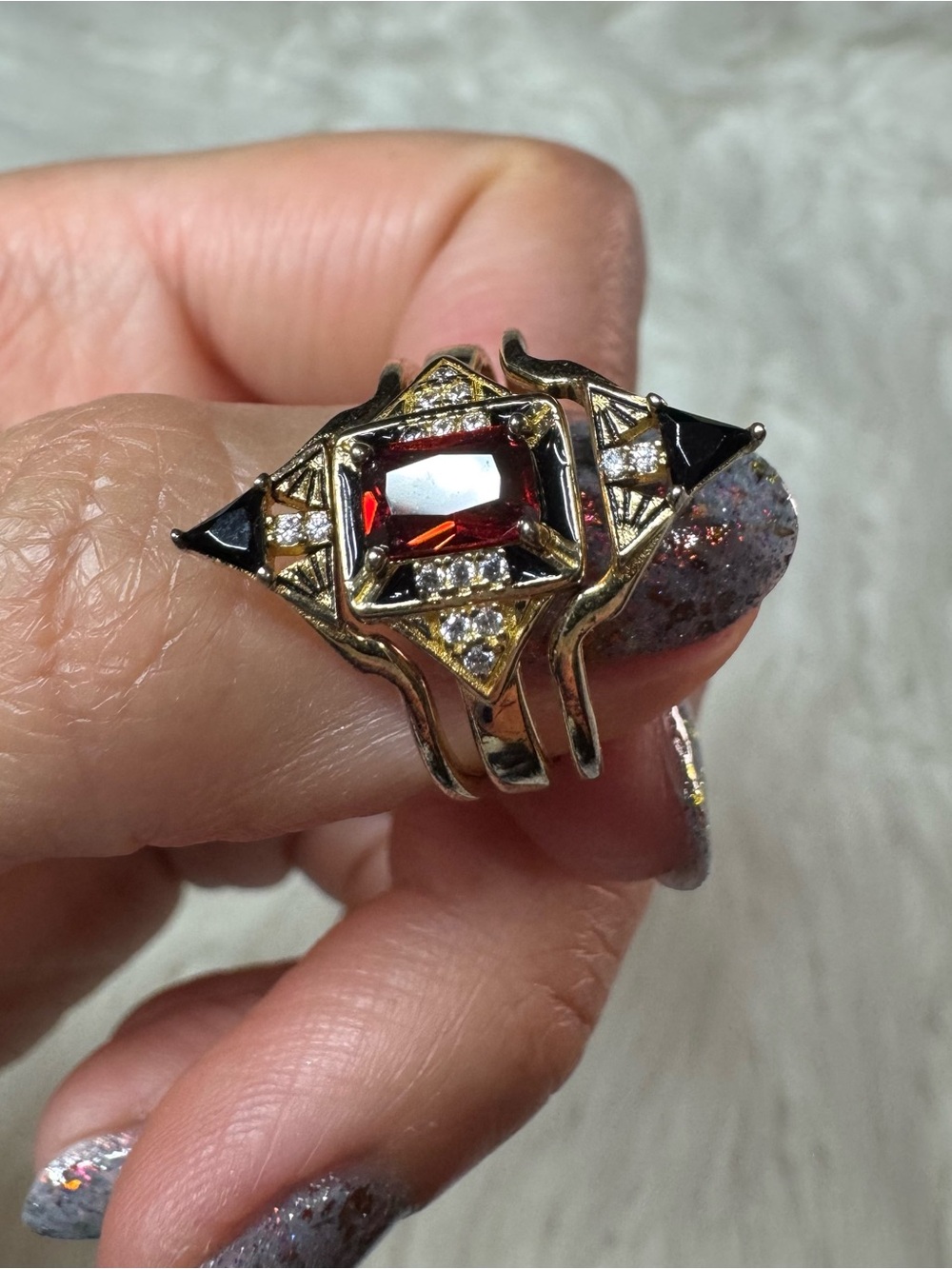 Gold-Tone Red Gem Statement Ring - Elegant Women’s Jewelry